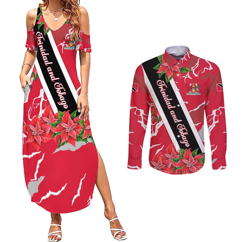 Trinidad and Tobago Red Poinsettia Couples Matching Summer Maxi Dress and Long Sleeve Button Shirt with National Crest and Diagonal Flag Sash Design - Wonder Print Shop
