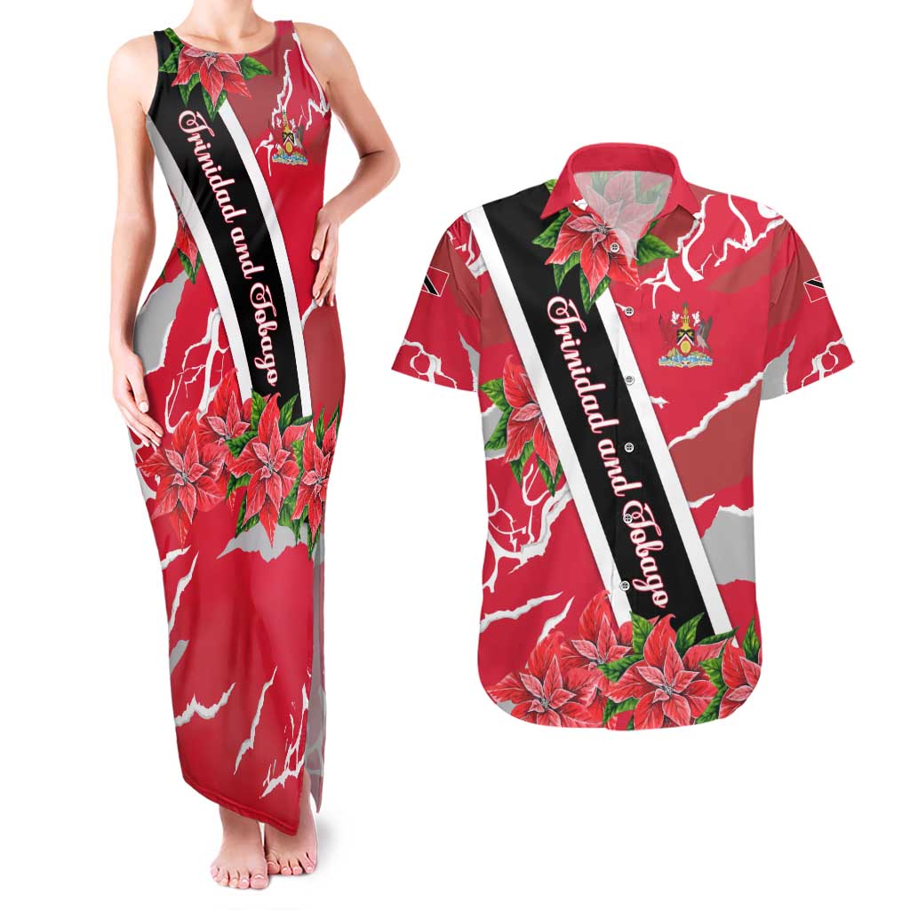 Trinidad and Tobago Red Poinsettia Couples Matching Tank Maxi Dress and Hawaiian Shirt with National Crest and Diagonal Flag Sash Design - Wonder Print Shop