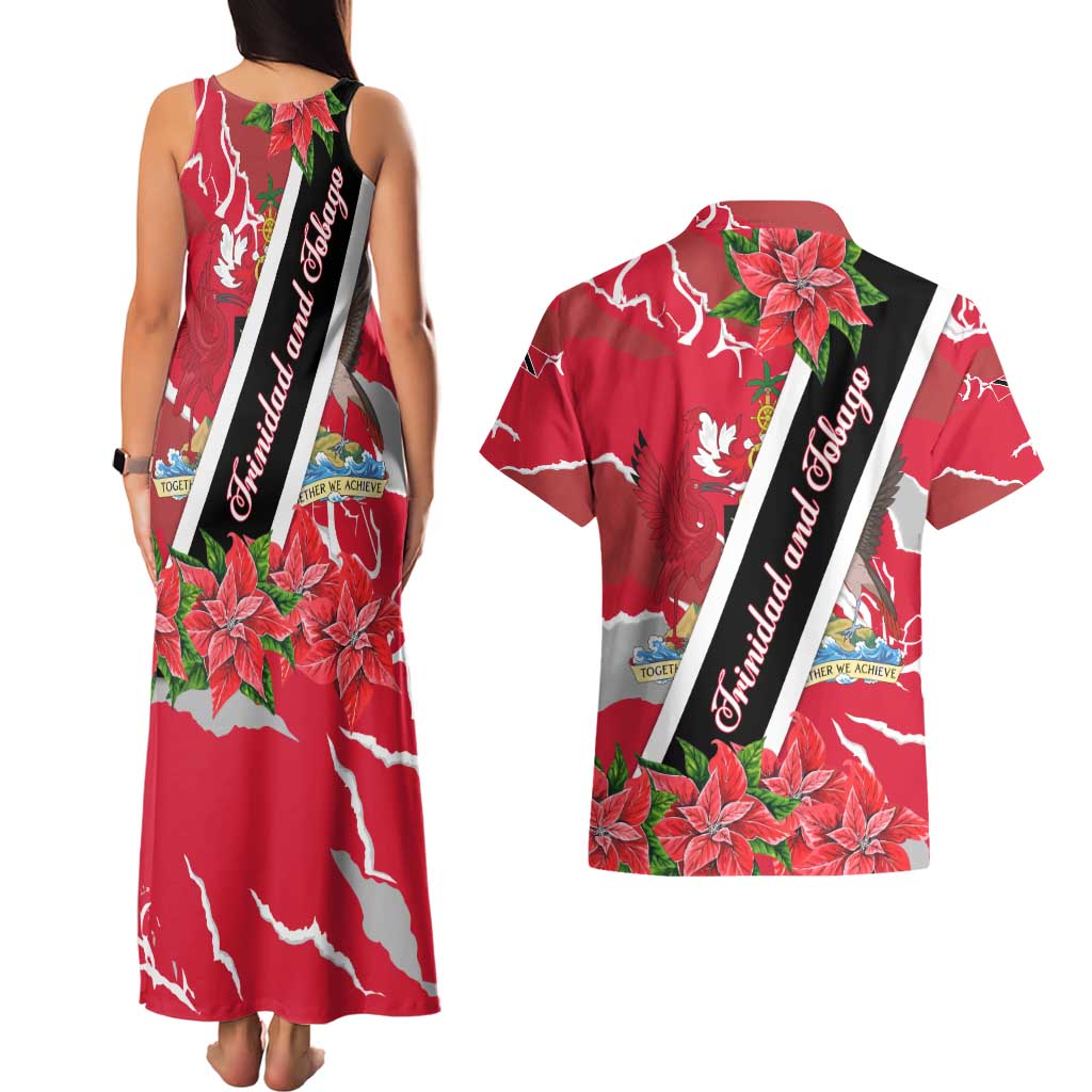 Trinidad and Tobago Red Poinsettia Couples Matching Tank Maxi Dress and Hawaiian Shirt with National Crest and Diagonal Flag Sash Design - Wonder Print Shop