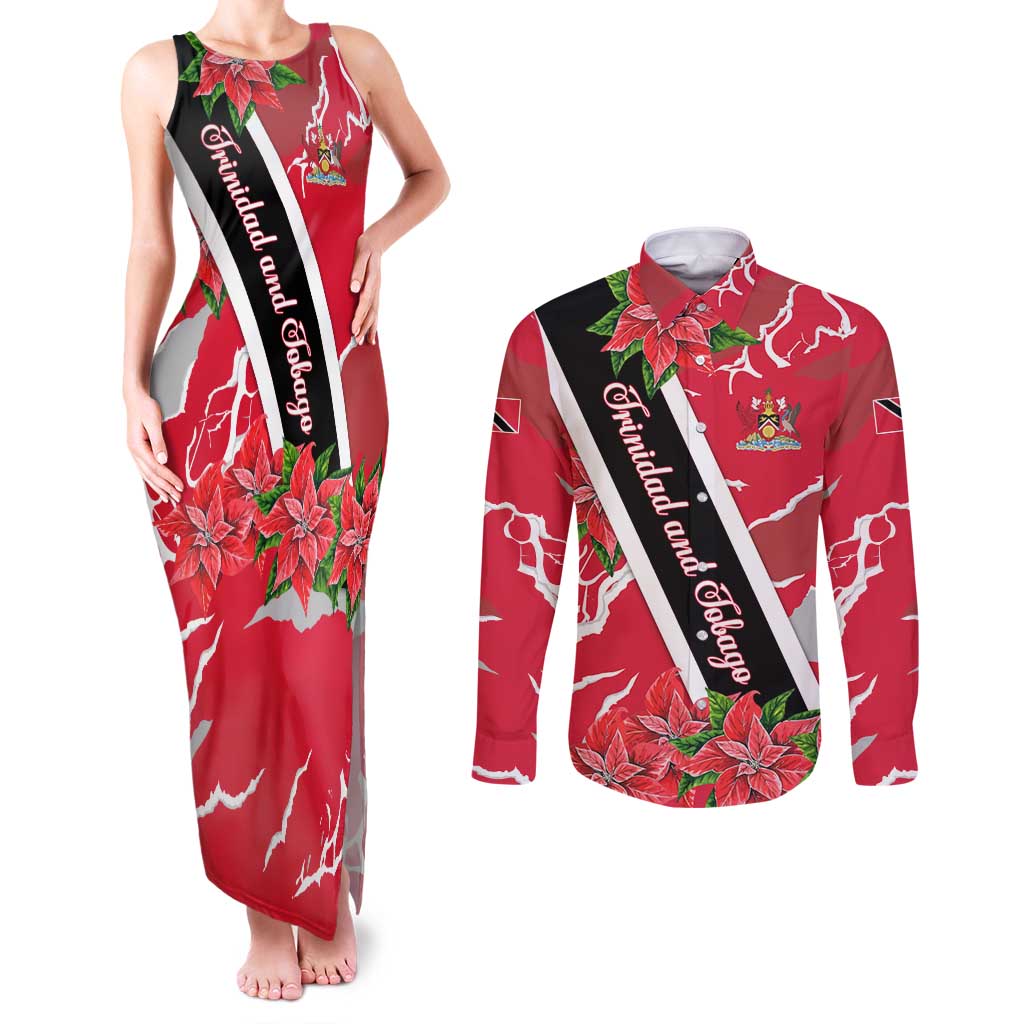 Trinidad and Tobago Red Poinsettia Couples Matching Tank Maxi Dress and Long Sleeve Button Shirt with National Crest and Diagonal Flag Sash Design - Wonder Print Shop