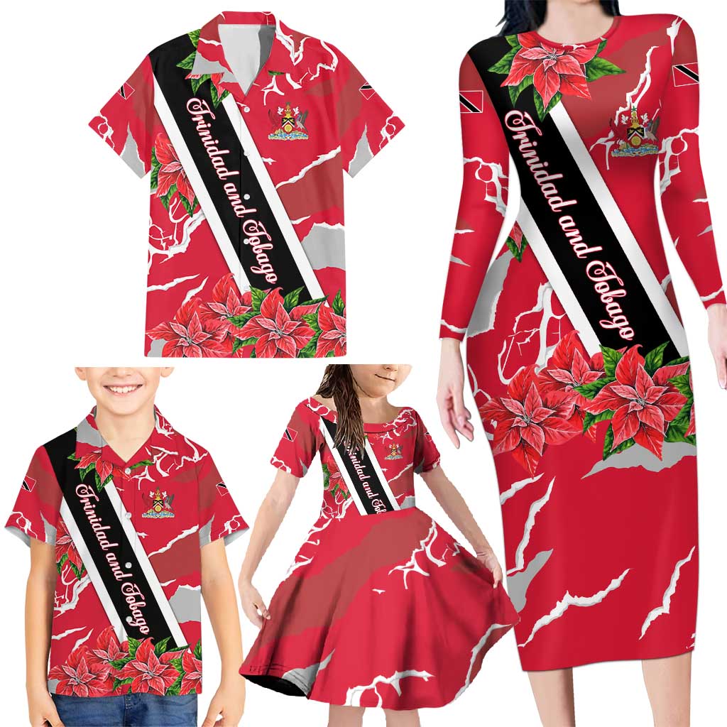 Trinidad and Tobago Red Poinsettia Family Matching Long Sleeve Bodycon Dress and Hawaiian Shirt with National Crest and Diagonal Flag Sash Design - Wonder Print Shop