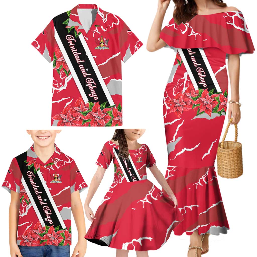 Trinidad and Tobago Red Poinsettia Family Matching Mermaid Dress and Hawaiian Shirt with National Crest and Diagonal Flag Sash Design - Wonder Print Shop