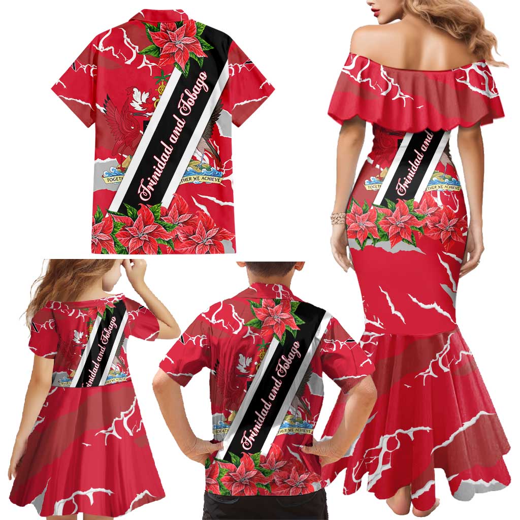 Trinidad and Tobago Red Poinsettia Family Matching Mermaid Dress and Hawaiian Shirt with National Crest and Diagonal Flag Sash Design - Wonder Print Shop