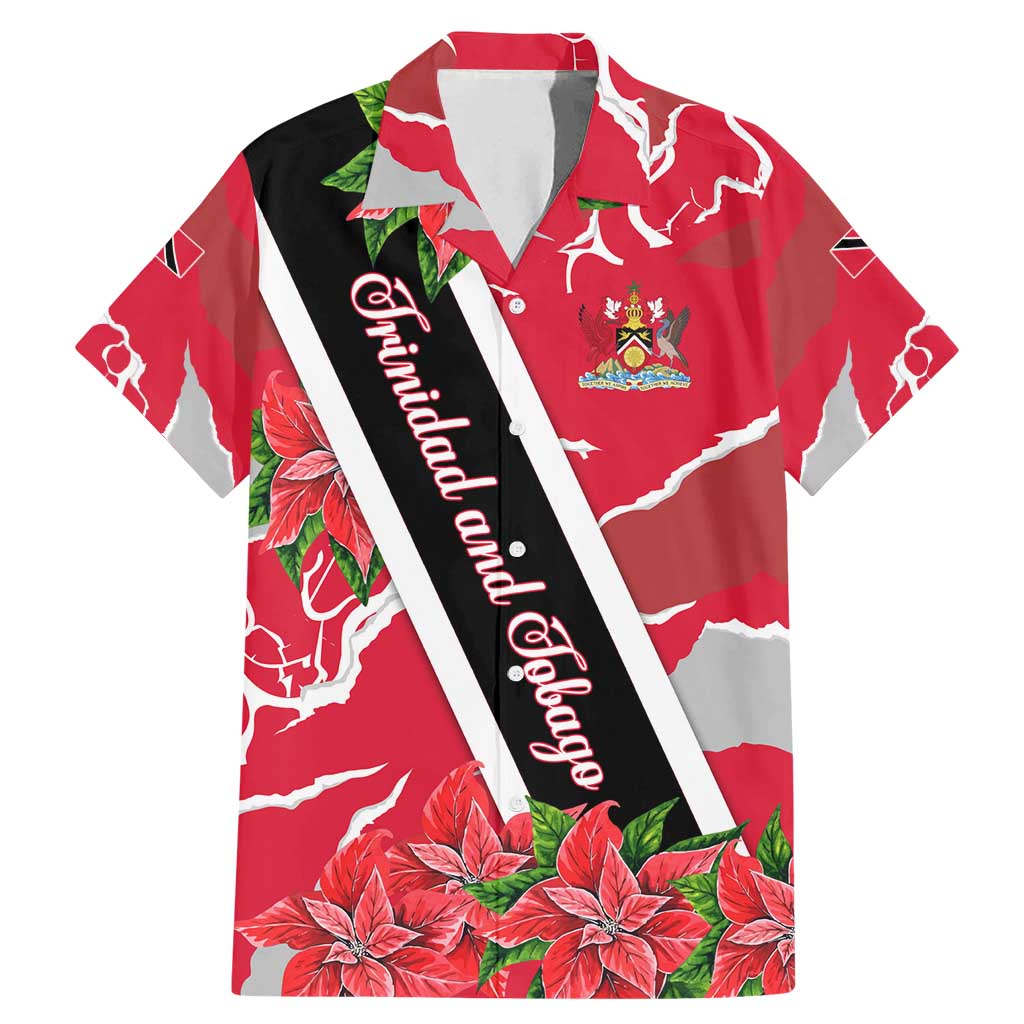 Trinidad and Tobago Red Poinsettia Family Matching Mermaid Dress and Hawaiian Shirt with National Crest and Diagonal Flag Sash Design - Wonder Print Shop