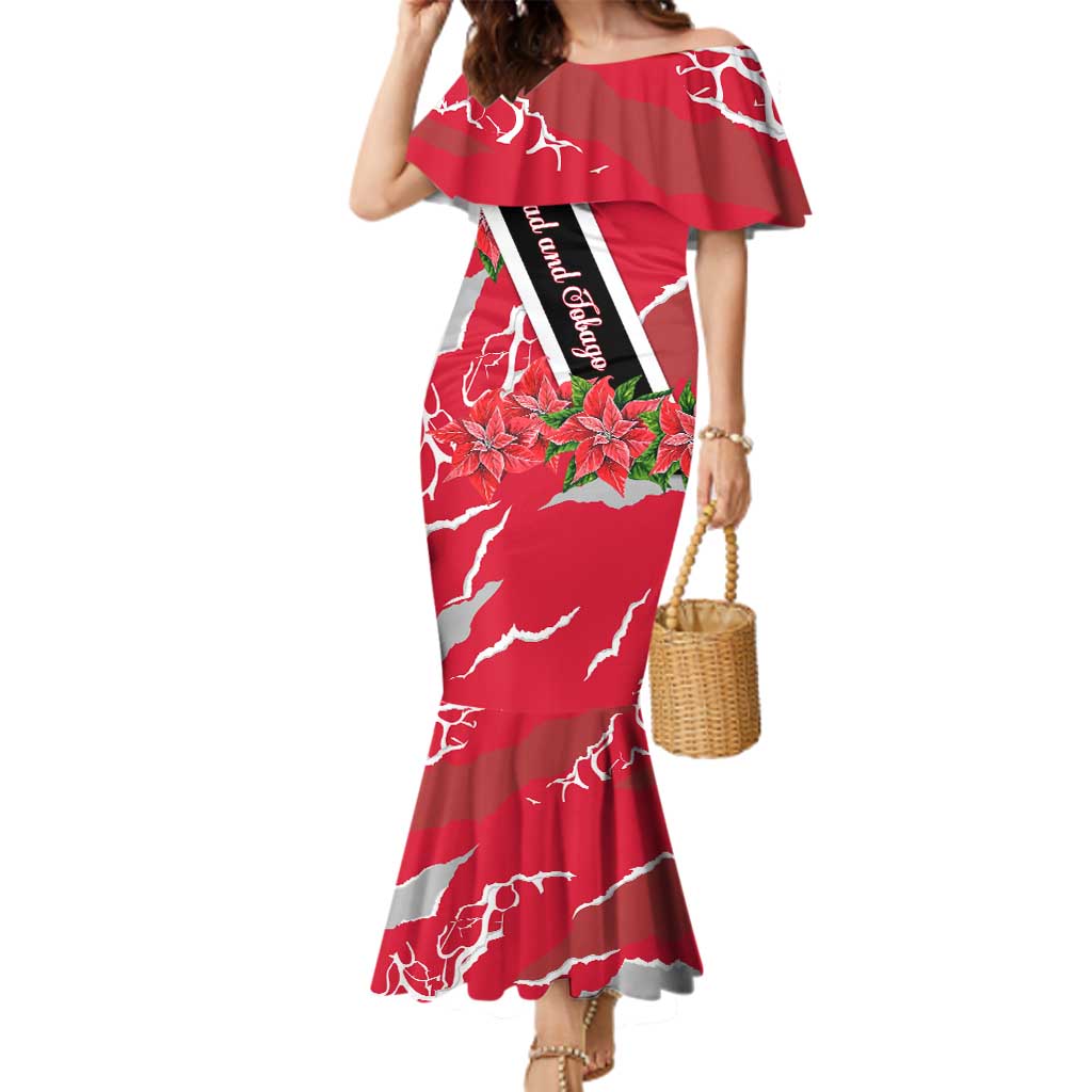 Trinidad and Tobago Red Poinsettia Family Matching Mermaid Dress and Hawaiian Shirt with National Crest and Diagonal Flag Sash Design - Wonder Print Shop