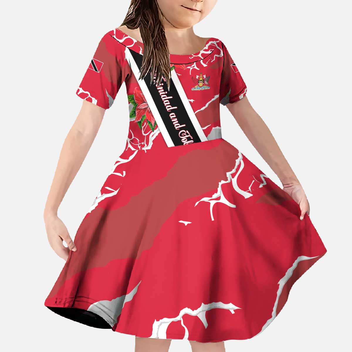 Trinidad and Tobago Red Poinsettia Family Matching Off The Shoulder Long Sleeve Dress and Hawaiian Shirt with National Crest and Diagonal Flag Sash Design - Wonder Print Shop