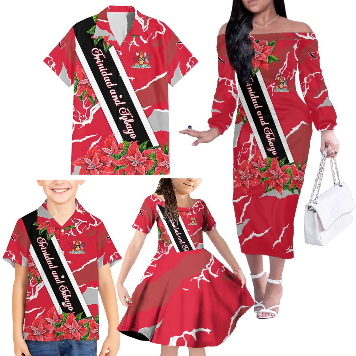 Trinidad and Tobago Red Poinsettia Family Matching Off The Shoulder Long Sleeve Dress and Hawaiian Shirt with National Crest and Diagonal Flag Sash Design - Wonder Print Shop