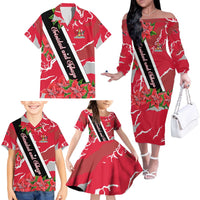 Trinidad and Tobago Red Poinsettia Family Matching Off The Shoulder Long Sleeve Dress and Hawaiian Shirt with National Crest and Diagonal Flag Sash Design - Wonder Print Shop