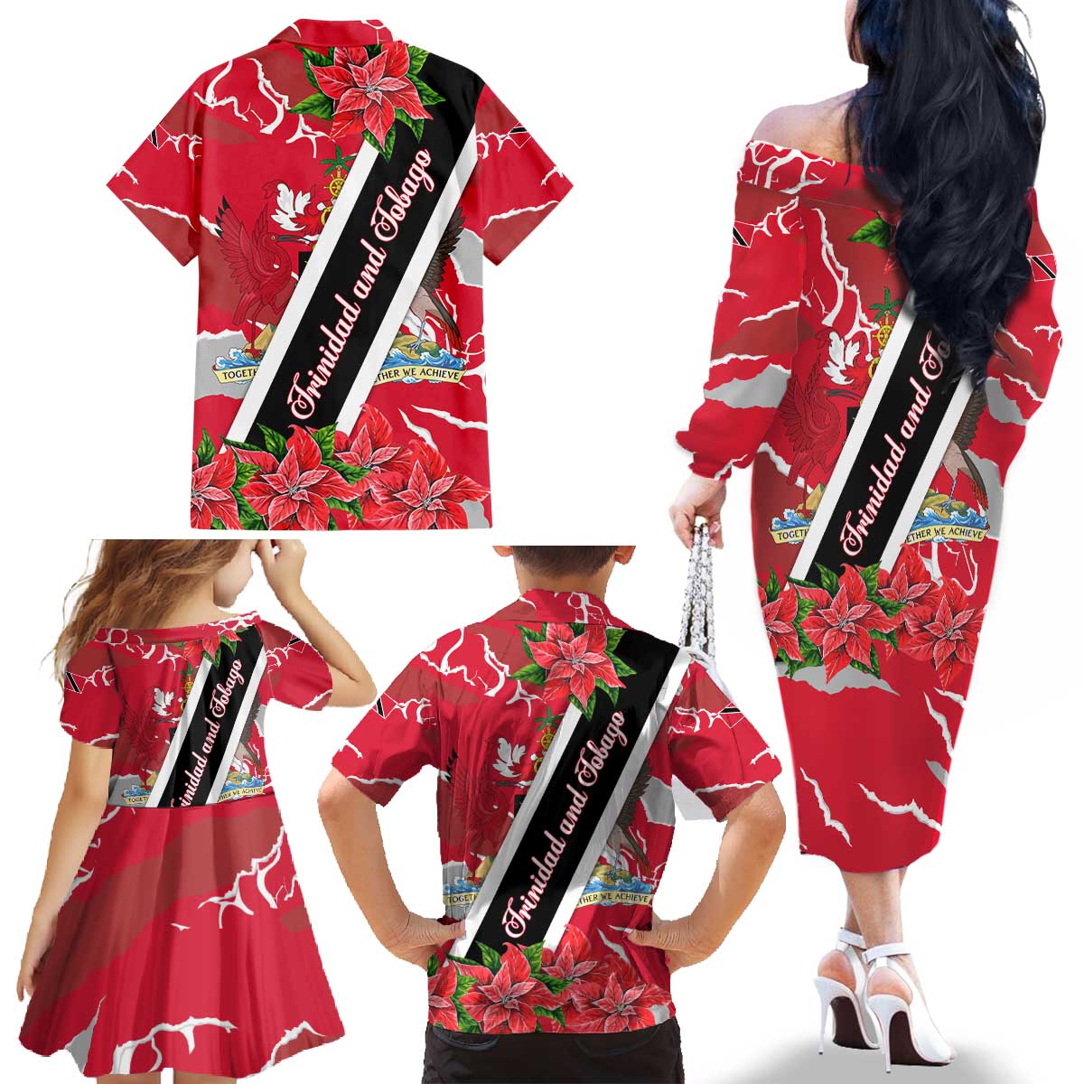 Trinidad and Tobago Red Poinsettia Family Matching Off The Shoulder Long Sleeve Dress and Hawaiian Shirt with National Crest and Diagonal Flag Sash Design - Wonder Print Shop