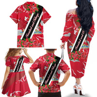 Trinidad and Tobago Red Poinsettia Family Matching Off The Shoulder Long Sleeve Dress and Hawaiian Shirt with National Crest and Diagonal Flag Sash Design - Wonder Print Shop
