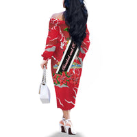 Trinidad and Tobago Red Poinsettia Family Matching Off The Shoulder Long Sleeve Dress and Hawaiian Shirt with National Crest and Diagonal Flag Sash Design - Wonder Print Shop