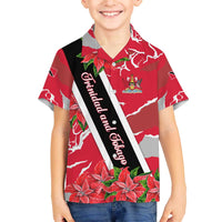 Trinidad and Tobago Red Poinsettia Family Matching Off The Shoulder Long Sleeve Dress and Hawaiian Shirt with National Crest and Diagonal Flag Sash Design - Wonder Print Shop