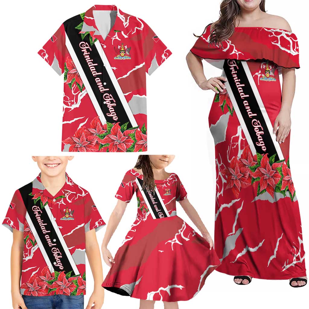 Trinidad and Tobago Red Poinsettia Family Matching Off Shoulder Maxi Dress and Hawaiian Shirt with National Crest and Diagonal Flag Sash Design - Wonder Print Shop