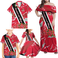 Trinidad and Tobago Red Poinsettia Family Matching Off Shoulder Maxi Dress and Hawaiian Shirt with National Crest and Diagonal Flag Sash Design - Wonder Print Shop