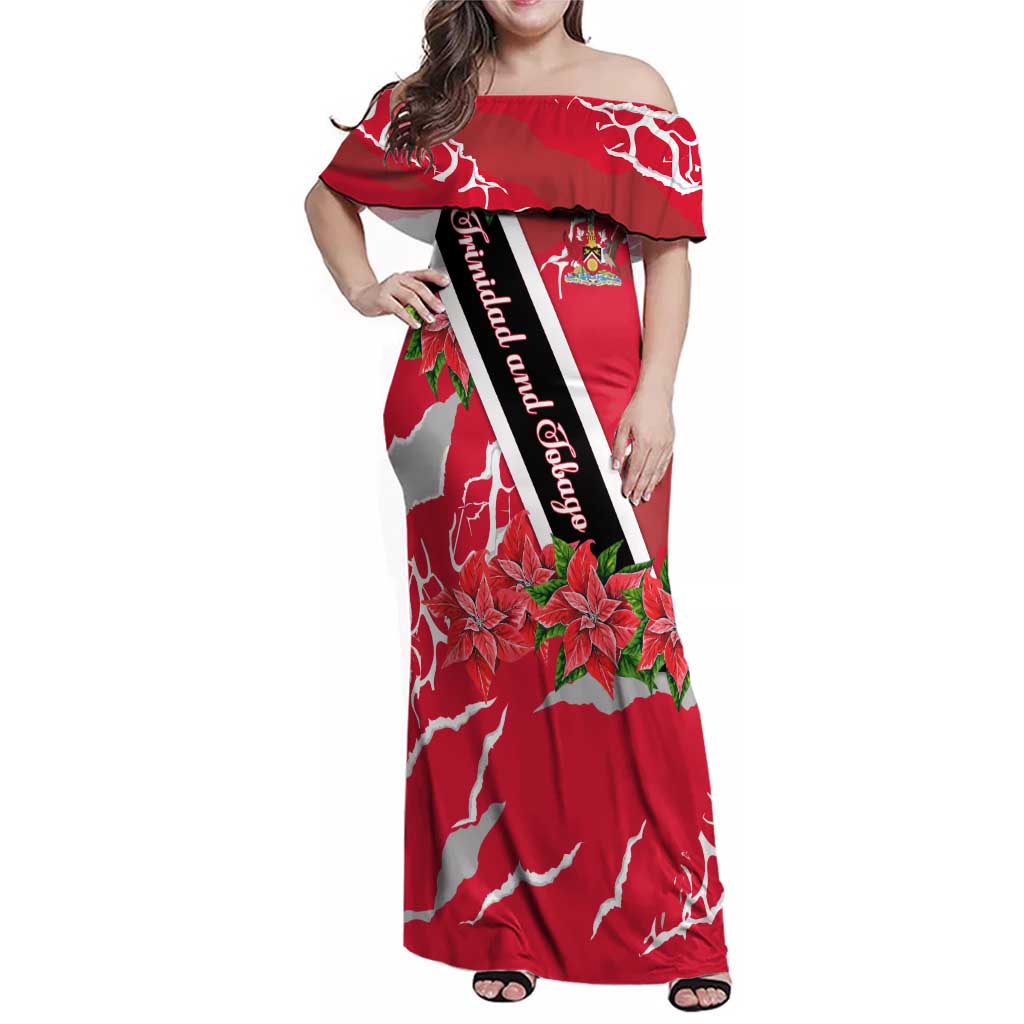 Trinidad and Tobago Red Poinsettia Family Matching Off Shoulder Maxi Dress and Hawaiian Shirt with National Crest and Diagonal Flag Sash Design - Wonder Print Shop