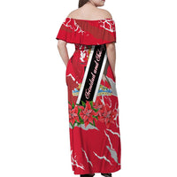 Trinidad and Tobago Red Poinsettia Family Matching Off Shoulder Maxi Dress and Hawaiian Shirt with National Crest and Diagonal Flag Sash Design - Wonder Print Shop
