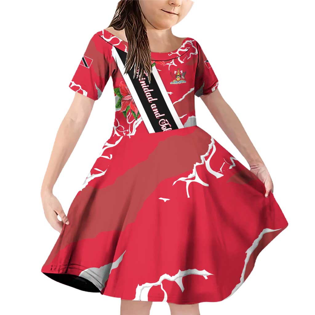 Trinidad and Tobago Red Poinsettia Family Matching Off Shoulder Short Dress and Hawaiian Shirt with National Crest and Diagonal Flag Sash Design - Wonder Print Shop