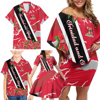 Trinidad and Tobago Red Poinsettia Family Matching Off Shoulder Short Dress and Hawaiian Shirt with National Crest and Diagonal Flag Sash Design - Wonder Print Shop