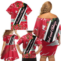Trinidad and Tobago Red Poinsettia Family Matching Off Shoulder Short Dress and Hawaiian Shirt with National Crest and Diagonal Flag Sash Design - Wonder Print Shop