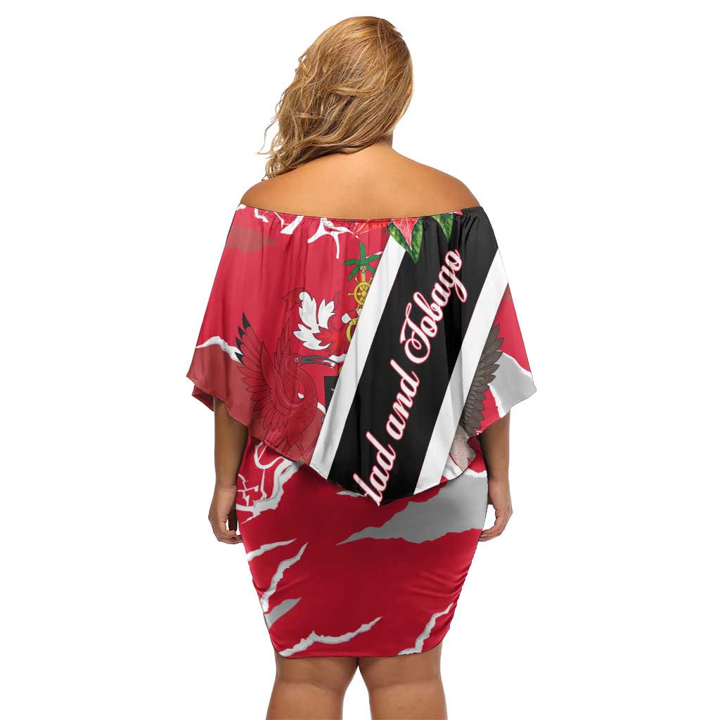 Trinidad and Tobago Red Poinsettia Family Matching Off Shoulder Short Dress and Hawaiian Shirt with National Crest and Diagonal Flag Sash Design - Wonder Print Shop
