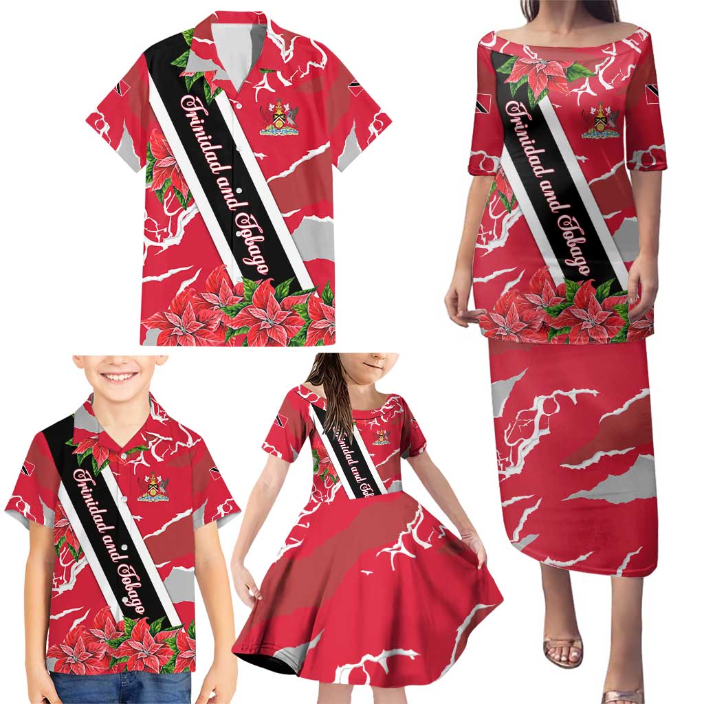Trinidad and Tobago Red Poinsettia Family Matching Puletasi and Hawaiian Shirt with National Crest and Diagonal Flag Sash Design - Wonder Print Shop