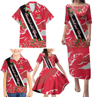 Trinidad and Tobago Red Poinsettia Family Matching Puletasi and Hawaiian Shirt with National Crest and Diagonal Flag Sash Design - Wonder Print Shop