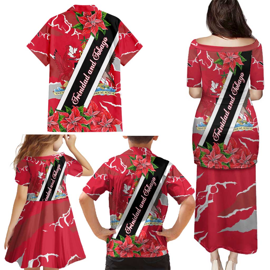 Trinidad and Tobago Red Poinsettia Family Matching Puletasi and Hawaiian Shirt with National Crest and Diagonal Flag Sash Design - Wonder Print Shop