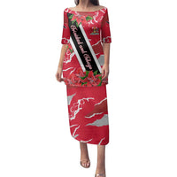 Trinidad and Tobago Red Poinsettia Family Matching Puletasi and Hawaiian Shirt with National Crest and Diagonal Flag Sash Design - Wonder Print Shop