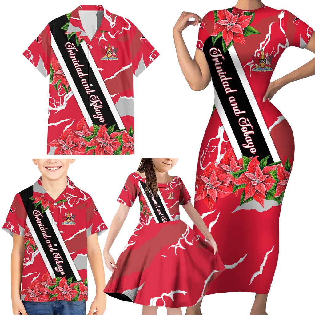 Trinidad and Tobago Red Poinsettia Family Matching Short Sleeve Bodycon Dress and Hawaiian Shirt with National Crest and Diagonal Flag Sash Design - Wonder Print Shop