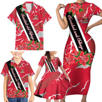 Trinidad and Tobago Red Poinsettia Family Matching Short Sleeve Bodycon Dress and Hawaiian Shirt with National Crest and Diagonal Flag Sash Design - Wonder Print Shop