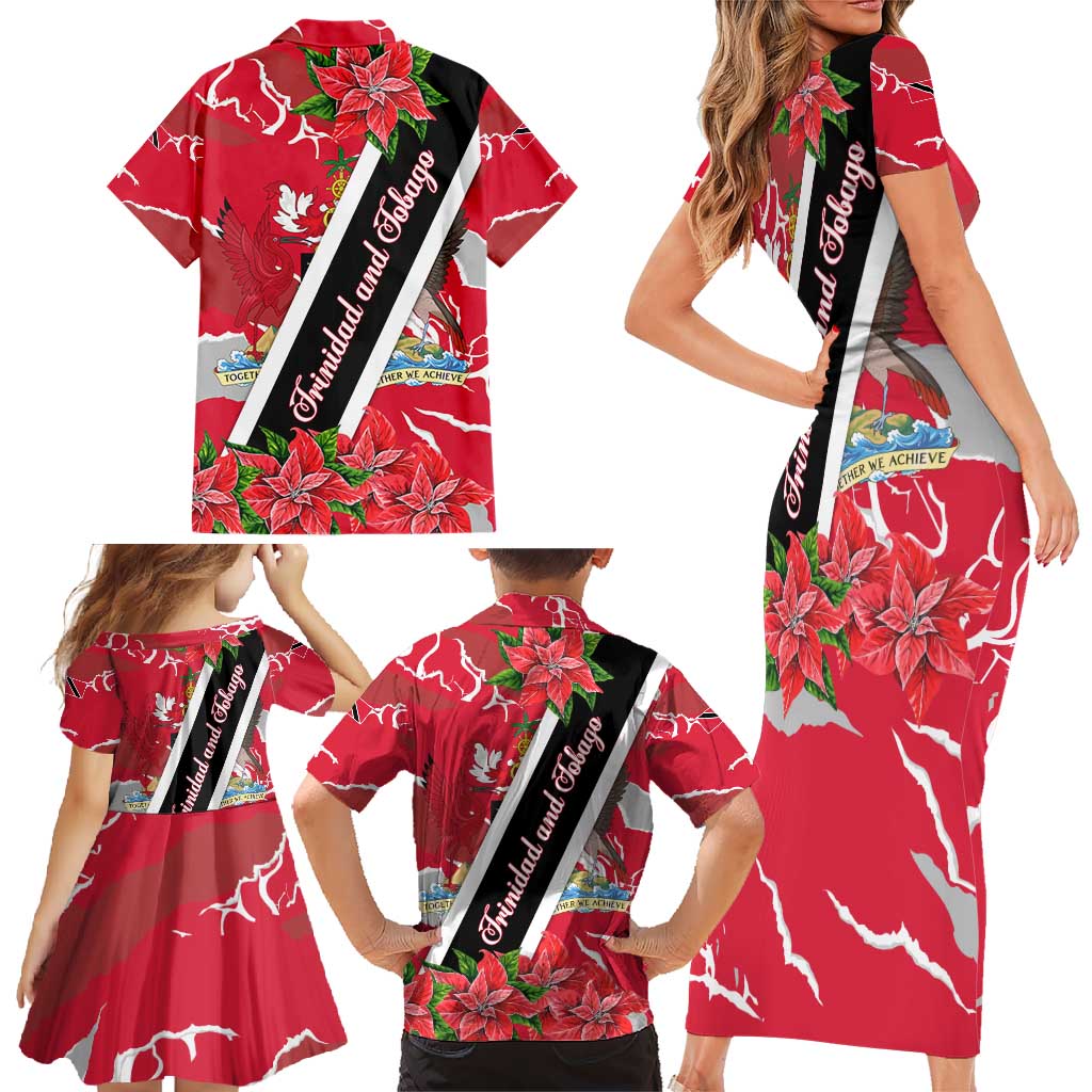 Trinidad and Tobago Red Poinsettia Family Matching Short Sleeve Bodycon Dress and Hawaiian Shirt with National Crest and Diagonal Flag Sash Design - Wonder Print Shop
