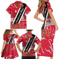 Trinidad and Tobago Red Poinsettia Family Matching Short Sleeve Bodycon Dress and Hawaiian Shirt with National Crest and Diagonal Flag Sash Design - Wonder Print Shop