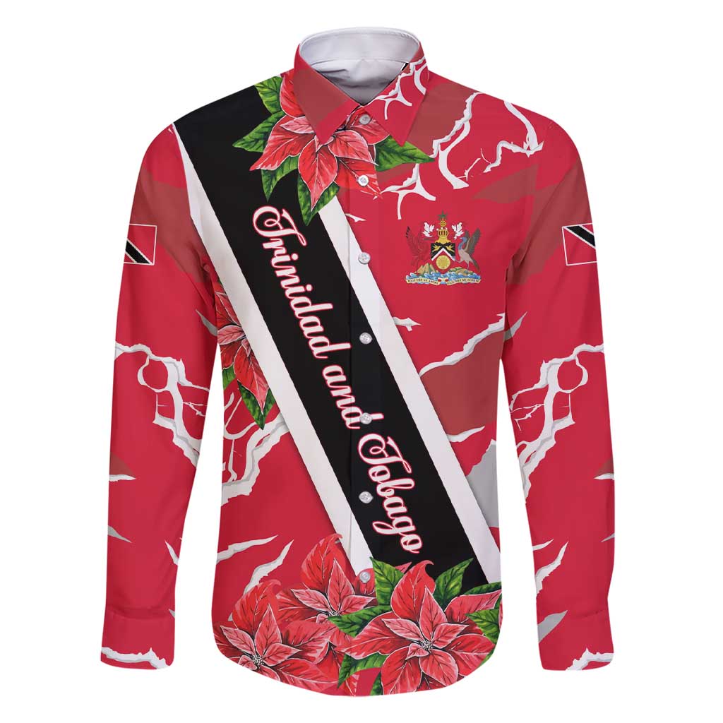 Trinidad and Tobago Red Poinsettia Family Matching Short Sleeve Bodycon Dress and Hawaiian Shirt with National Crest and Diagonal Flag Sash Design - Wonder Print Shop