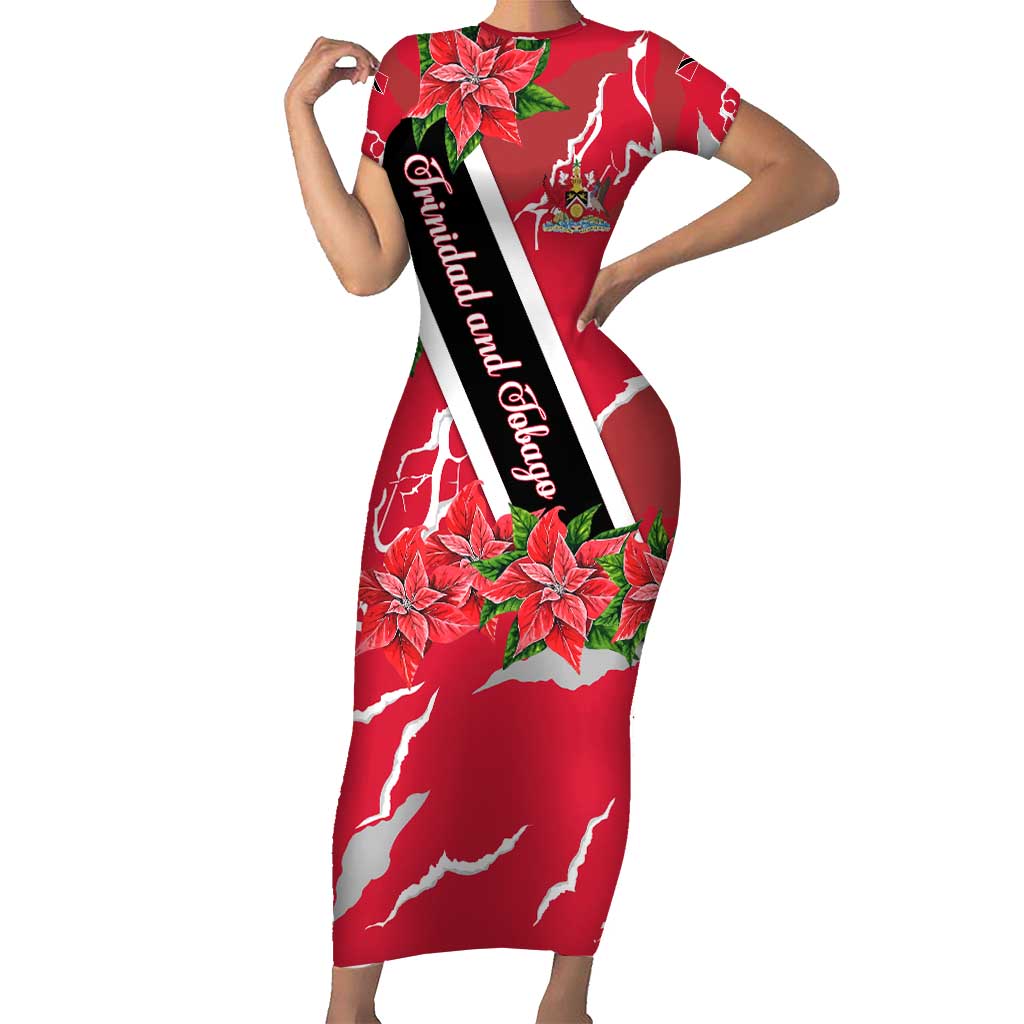 Trinidad and Tobago Red Poinsettia Family Matching Short Sleeve Bodycon Dress and Hawaiian Shirt with National Crest and Diagonal Flag Sash Design - Wonder Print Shop