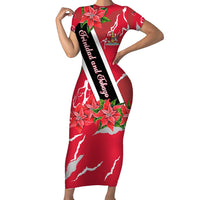 Trinidad and Tobago Red Poinsettia Family Matching Short Sleeve Bodycon Dress and Hawaiian Shirt with National Crest and Diagonal Flag Sash Design - Wonder Print Shop