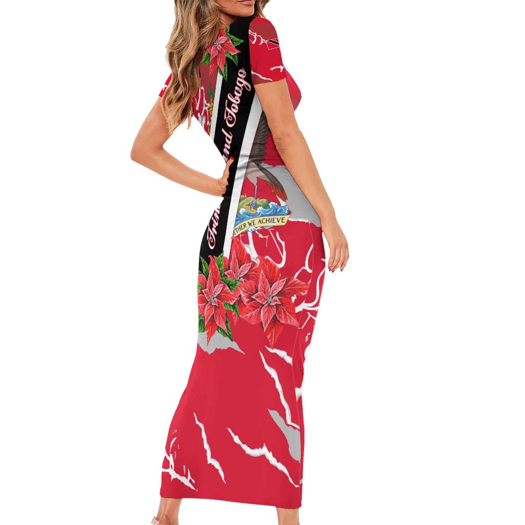 Trinidad and Tobago Red Poinsettia Family Matching Short Sleeve Bodycon Dress and Hawaiian Shirt with National Crest and Diagonal Flag Sash Design - Wonder Print Shop