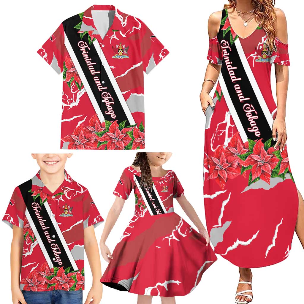 Trinidad and Tobago Red Poinsettia Family Matching Summer Maxi Dress and Hawaiian Shirt with National Crest and Diagonal Flag Sash Design - Wonder Print Shop
