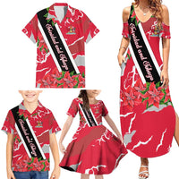 Trinidad and Tobago Red Poinsettia Family Matching Summer Maxi Dress and Hawaiian Shirt with National Crest and Diagonal Flag Sash Design - Wonder Print Shop