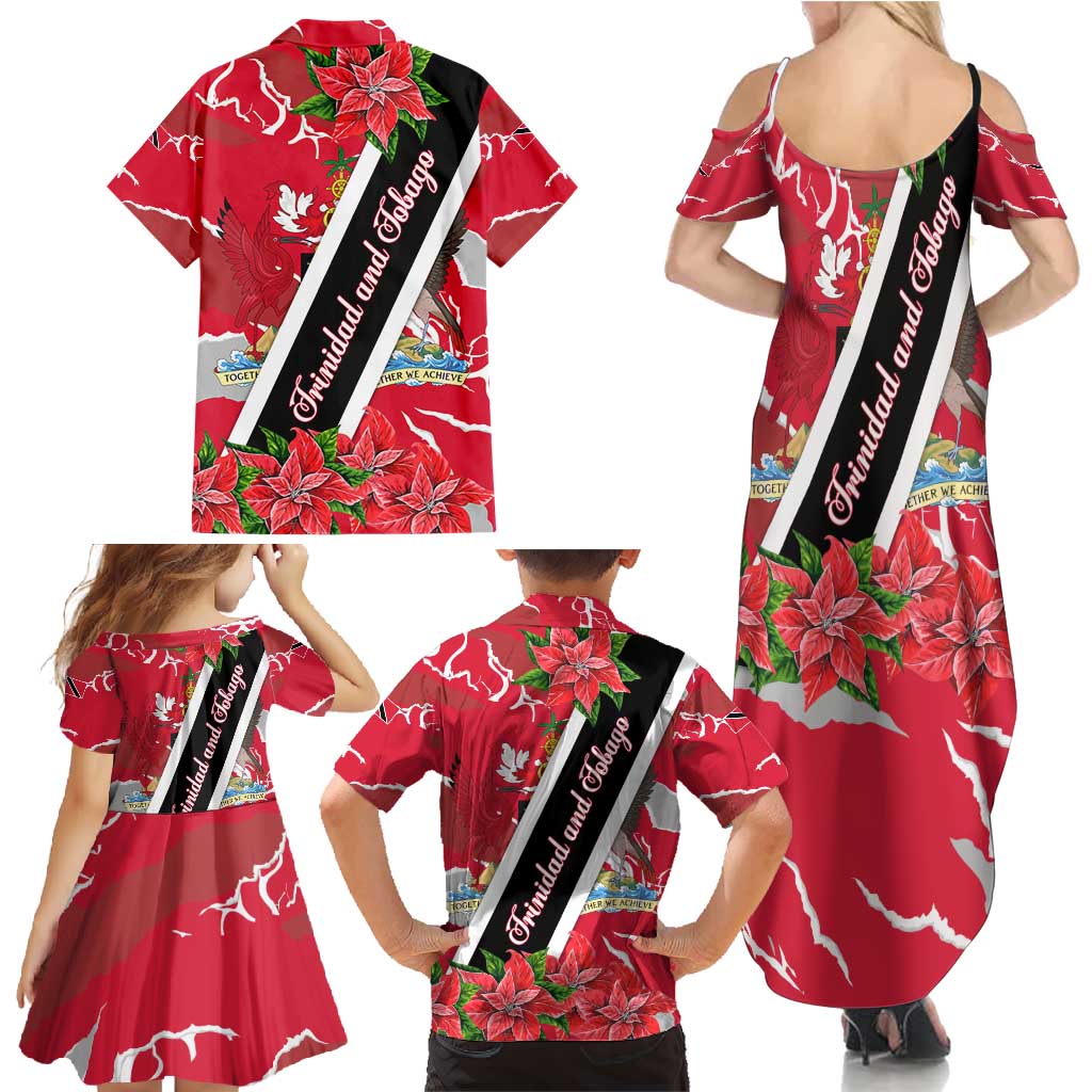 Trinidad and Tobago Red Poinsettia Family Matching Summer Maxi Dress and Hawaiian Shirt with National Crest and Diagonal Flag Sash Design - Wonder Print Shop