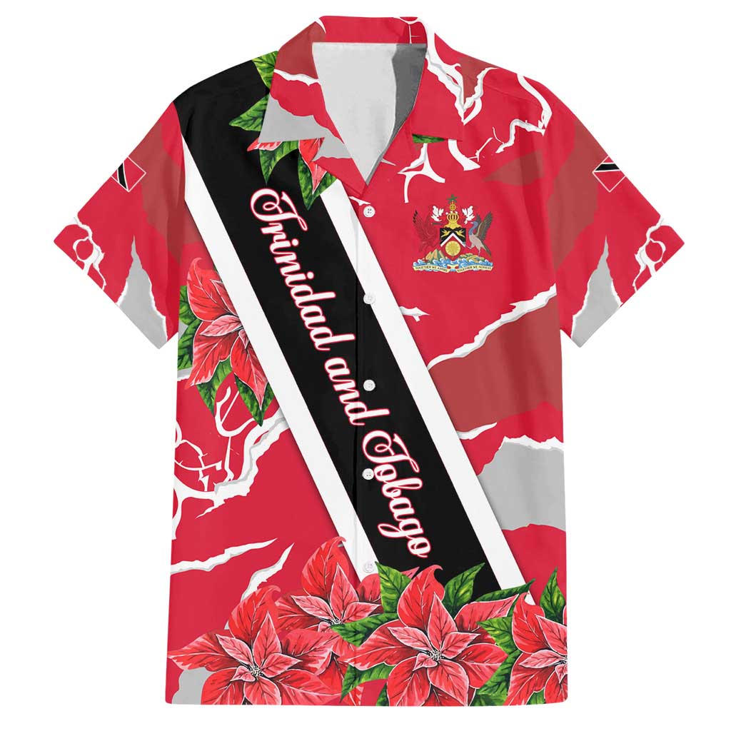 Trinidad and Tobago Red Poinsettia Family Matching Summer Maxi Dress and Hawaiian Shirt with National Crest and Diagonal Flag Sash Design - Wonder Print Shop