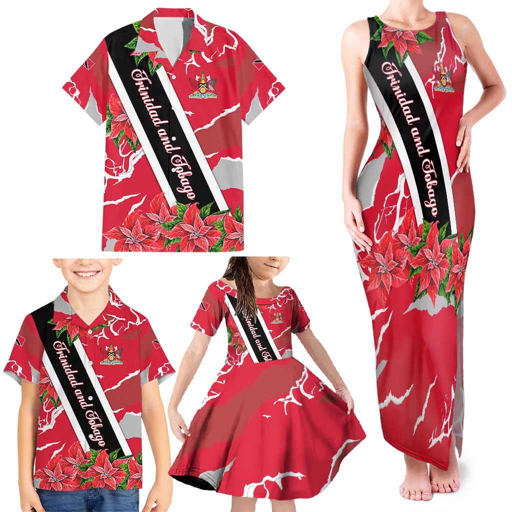 Trinidad and Tobago Red Poinsettia Family Matching Tank Maxi Dress and Hawaiian Shirt with National Crest and Diagonal Flag Sash Design - Wonder Print Shop