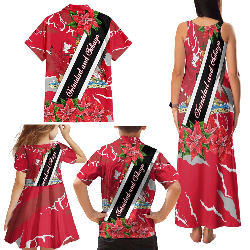 Trinidad and Tobago Red Poinsettia Family Matching Tank Maxi Dress and Hawaiian Shirt with National Crest and Diagonal Flag Sash Design - Wonder Print Shop