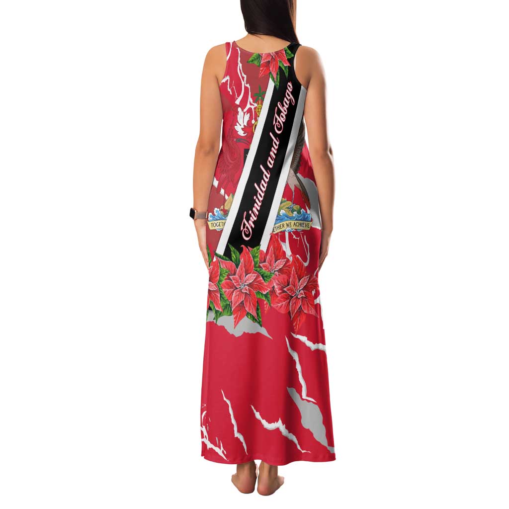 Trinidad and Tobago Red Poinsettia Family Matching Tank Maxi Dress and Hawaiian Shirt with National Crest and Diagonal Flag Sash Design - Wonder Print Shop