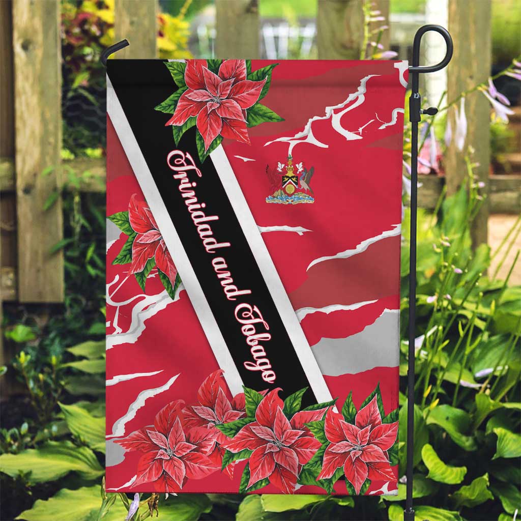 Trinidad and Tobago Red Poinsettia Garden Flag with National Crest and Diagonal Flag Sash Design - Wonder Print Shop