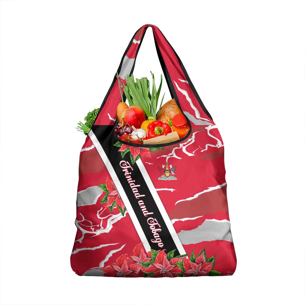 Trinidad and Tobago Red Poinsettia Grocery Bag with National Crest and Diagonal Flag Sash Design - Wonder Print Shop