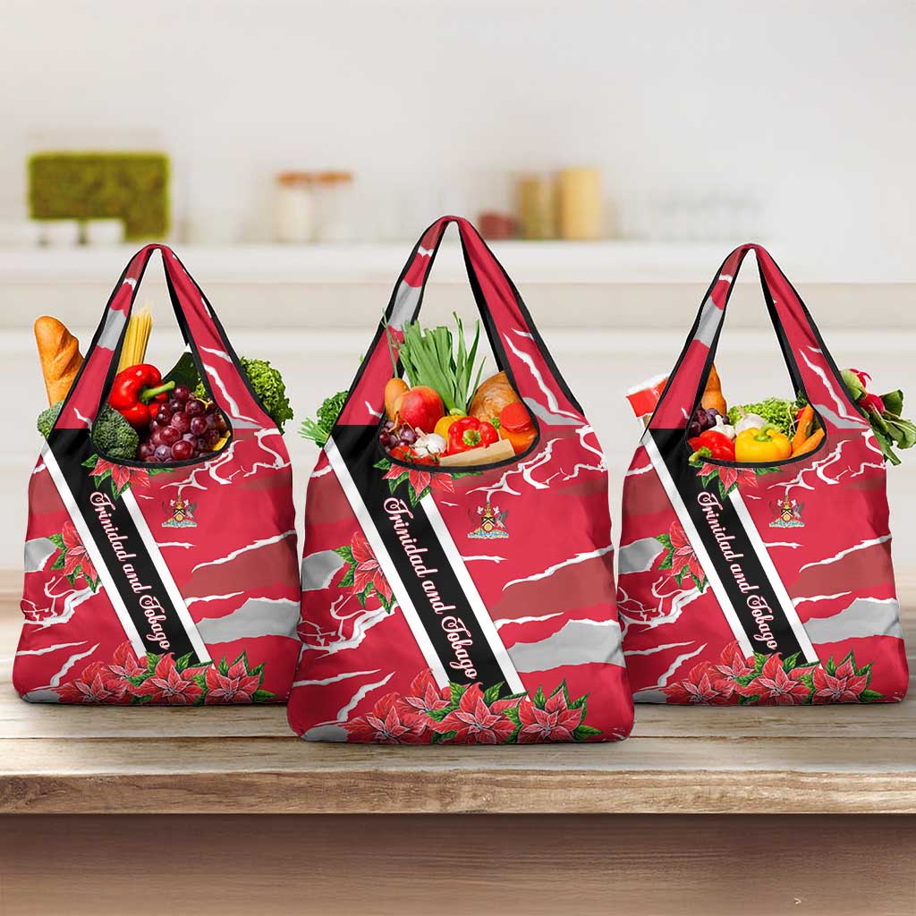 Trinidad and Tobago Red Poinsettia Grocery Bag with National Crest and Diagonal Flag Sash Design - Wonder Print Shop