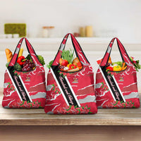 Trinidad and Tobago Red Poinsettia Grocery Bag with National Crest and Diagonal Flag Sash Design - Wonder Print Shop