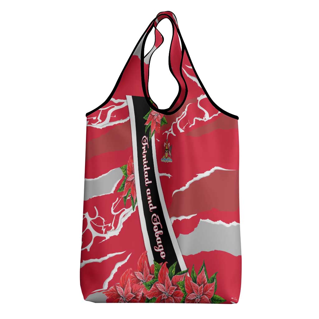 Trinidad and Tobago Red Poinsettia Grocery Bag with National Crest and Diagonal Flag Sash Design - Wonder Print Shop