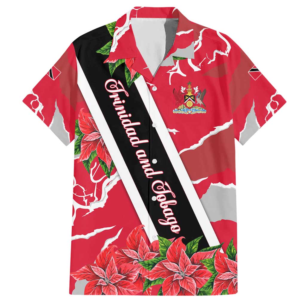 Trinidad and Tobago Red Poinsettia Hawaiian Shirt with National Crest and Diagonal Flag Sash Design - Wonder Print Shop