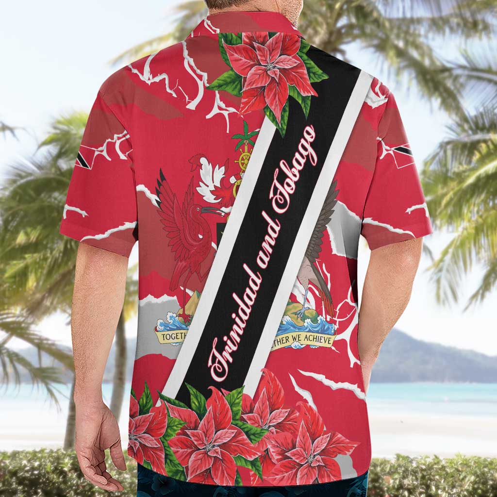Trinidad and Tobago Red Poinsettia Hawaiian Shirt with National Crest and Diagonal Flag Sash Design - Wonder Print Shop
